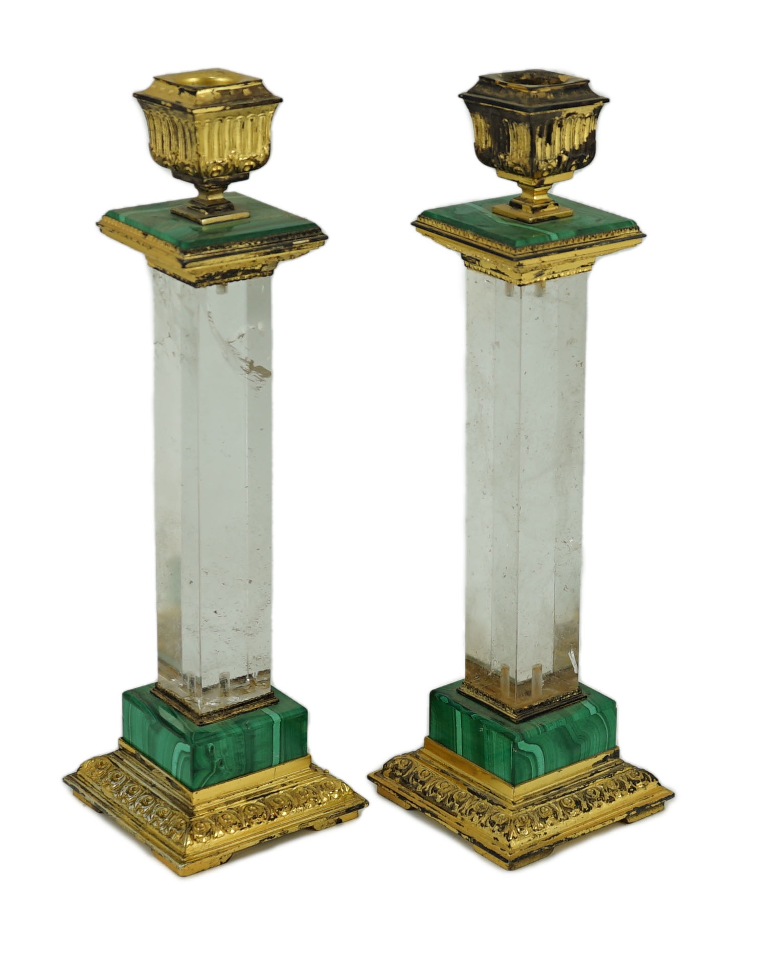 A pair of 20th century Italian 800 standard silver gilt and malachite mounted rock crystal candlesticks
